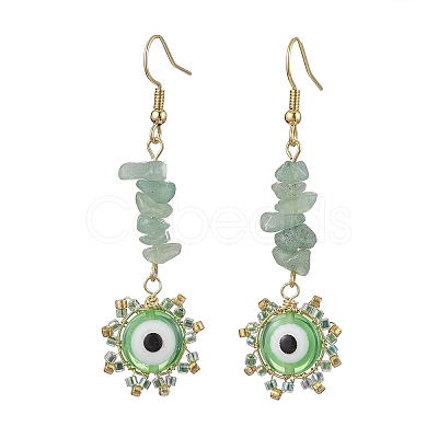 Evil Eye Natural Green Aventurine Chip & Seed Beads Dangle Earrings EJEW-MZ00166-04-1