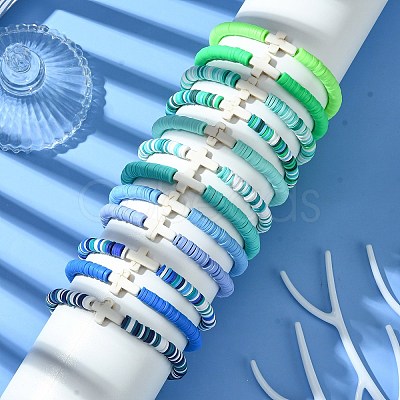 12Pcs 12 Colors Polymer Clay Disc Beaded Stretch Bracelet Sets BJEW-JB10736-1