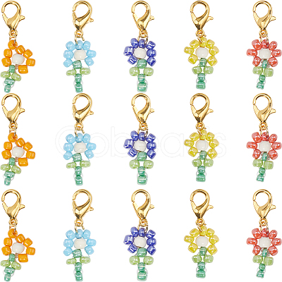 SUNNYCLUE 30Pcs Dyed Synthetic Turquoise & Glass Seed Beaded Flower Pendant Locking Stitch Markers HJEW-SC0001-55-1