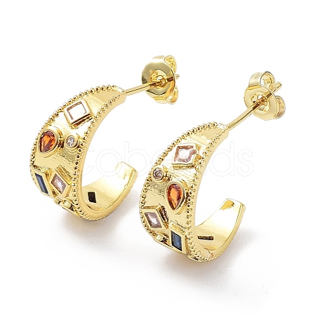 Colorful Cubic Zirconia Crescent Moon Stud Earrings X-EJEW-B027-17G-1