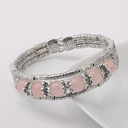 Tibetan Style Antique Silver Alloy Natural Rose Quartz Gemstone Bracelets X-BJEW-JB01649-03-1