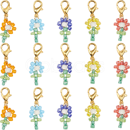 SUNNYCLUE 30Pcs Dyed Synthetic Turquoise & Glass Seed Beaded Flower Pendant Locking Stitch Markers HJEW-SC0001-55-1