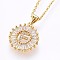 304 Stainless Steel Initial Pendant Necklaces, with Cubic Zirconia, Flat Round with Letter, Golden, Letter.F, 17.71 inch(45cm), Pendant: 22x16x3mm