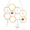 Brass Honeycomb & Yellow Quartz Chip Pendant Decorations, with Glass and Alloy Pendants, Golden, 255mm