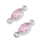 Brass Glass Connector Charms, Oval Links, Real Platinum Plated, Pink, 10.5x4x1.5mm, Hole: 1mm