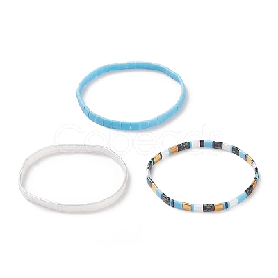 3Pcs 3 Style Glass Seed Rectangle Beaded Stretch Bracelets Set BJEW-JB09037-1