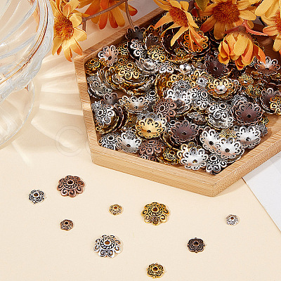 GOMAKERER 450Pcs 9 Styles  Tibetan Style Alloy Flower Bead Caps TIBE-GO0001-01-1