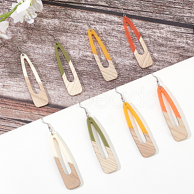 4 Pair 4 Color Resin & Wood Dangle Earrings EJEW-AB00042-1