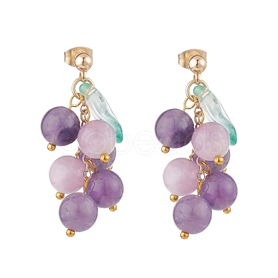 Grape and Leaf Dangle Stud Earrings EJEW-TA00034-1