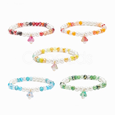 Glass Pearl & Flower Beaded Stretch Bracelet with Bell Charm for Women BJEW-JB08513-1