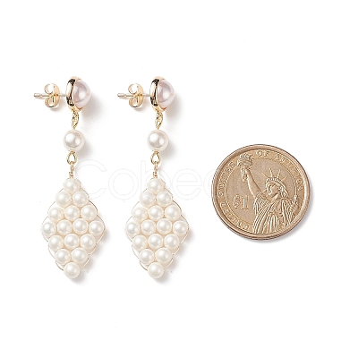 Shell Pearl & Plastic Braided Rhombus Dangle Stud Earrings EJEW-TA00166-1