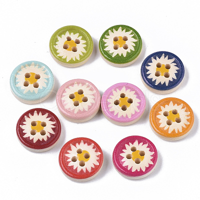 4-Hole Printed Natural Wood Buttons WOOD-S055-11-1