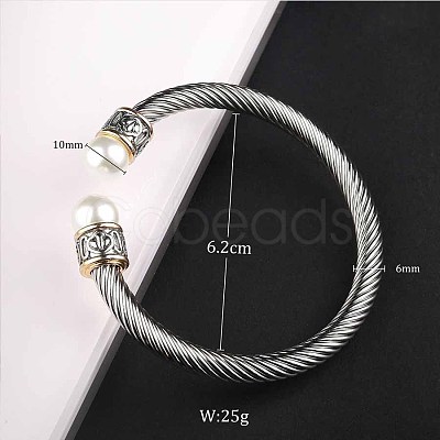 Adjustable C-shaped Stainless Steel Twist Open Cuff Bracelets with Imitation Pearl UG3207-6-1