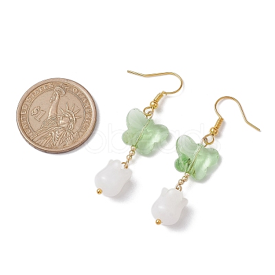 Butterfly Transparent Glass with Natural White Jade Dangle Earrings EJEW-JE05804-02-1