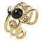 Natural Black Onyx Finger Rings, Hamsa Hand 304 Stainless Steel Multi-layer Open Cuff Rings, Real 18K Gold Plated, 15mm, Adjustable