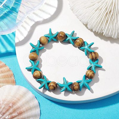 Beach Starfish Dyed Synthetic Turquoise Stretch Bracelets BJEW-JB10293-02-1