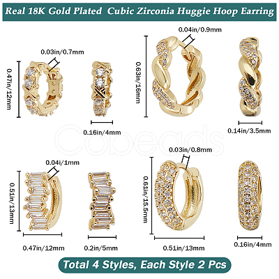 Beebeecraft 4 Pairs 4 Style Clear Cubic Zirconia Rectangle & Twist Rope Shape Hoop Earrings EJEW-BBC0001-18-1