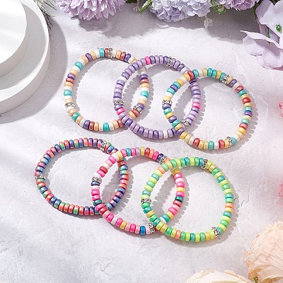 6Pcs Handmade Polymer Clay Heishi Beads Stretch Bracelets for Women BJEW-JB11378-1