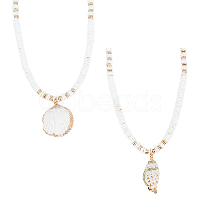 ANATTASOUL 2Pcs 2 Style Natural Shell Pendant Necklaces Set with Disc Beaded Chains for Women NJEW-AN0001-75-1