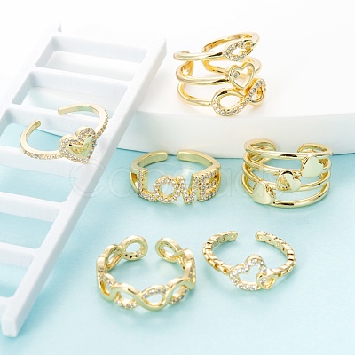 6Pcs 6 Styles Brass Micro Pave Clear Cubic Zirconia Cuff Rings RJEW-LS0001-45G-1