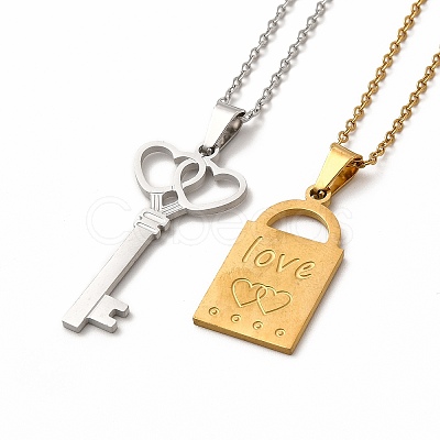 Heart Skeleton Key & Padlock Couple Pendant Necklaces & Stud Earrings SJEW-E045-02GP-1