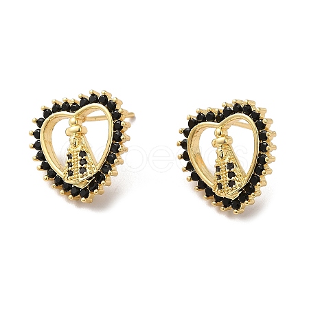 Heart with Saint Black Cubic Zirconia Stud Earrings EJEW-F313-04G-1