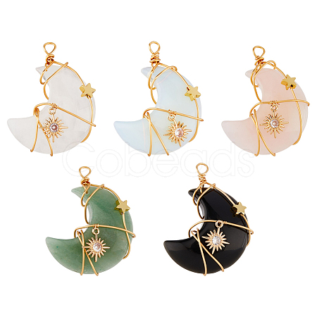 SUPERFINDING 5Pcs Natural & Synthetic Gemstone Copper Wire Wrapped Pendants FIND-FH0005-54-1