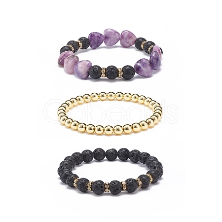 3Pcs 3 Style Heart Natural Purple Mica Stone & Lava Rock & Synthetic Hematite Beaded Stretch Bracelets Set BJEW-JB08736-1