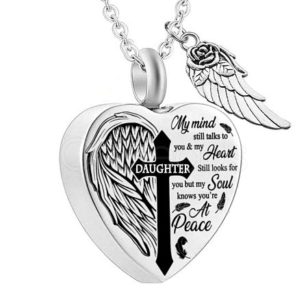 Non-Tarnish Heart and Wing Urn Ashes Pendant Necklace BOTT-PW0001-039C-1