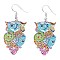 Spray Painted Stainless Steel Owl Dangle Earrings, Etched Metal Embellishments, with Iron Earring Hooks, Stainless Steel Color, Colorful, 57mm, Pin: 0.7mm