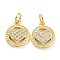 Brass Micro Pave Cubic Zirconia Charms, with Jump Rings, Flat Round with Heart, Light Gold, 13x11x2mm, 10pcs/box