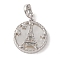 Rhodium Plated 925 Sterling Silver Pave Natural Shell Flat Round Pendants, Clear Cubic Zirconia Eiffel Tower Charms with 925 Stamp, Real Platinum Plated, 28mm, Hole: 5x3.5mm