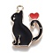 Alloy Enamel Pendants, Golden, Kitten with Heart, Black, 25x20x1.5mm, Hole: 2mm