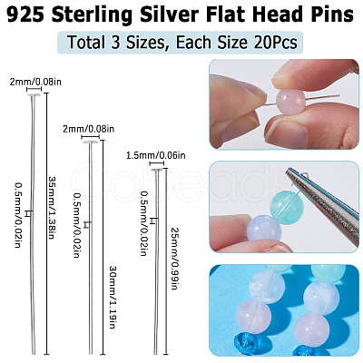 SUNNYCLUE 60Pcs 3 Styles 925 Sterling Silver Flat Head Pins STER-SC0001-28-1