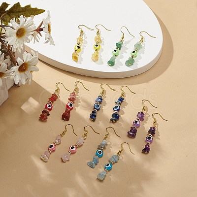 7Pcs 7 Style Natural Mixed Gemstone Chips & Resin Evil Eye Beaded Dangle Earrings EJEW-JE05117-1