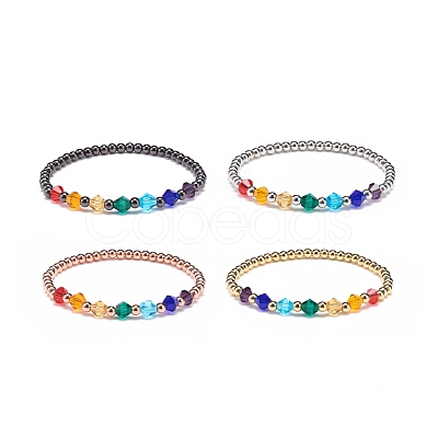 4Pcs 4 Color Glass Bicone & Brass Round Beaded Stretch Bracelets Set for Women BJEW-JB08712-1