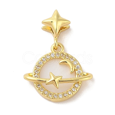 Rack Plating Brass Clear Cubic Zirconia Synthetic Shell Pendants KK-S380-13G-1