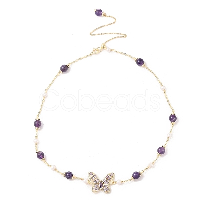 Natural Amethyst & Pearl Beaded Necklaces NJEW-L119-11G-1