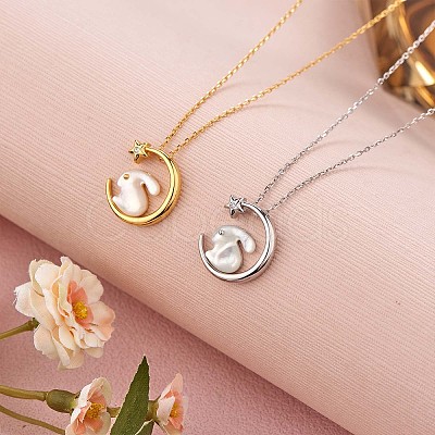 Natural Shell Bunny with Crescent Moon Pendant Necklace with Clear Cubic Zirconia JN1073A-1