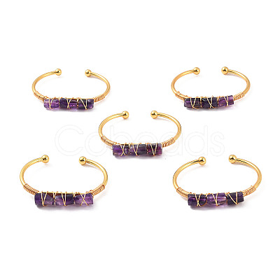 Natural Amethyst Triple Column Beaded Open Cuff Bangle BJEW-E377-01G-03-1