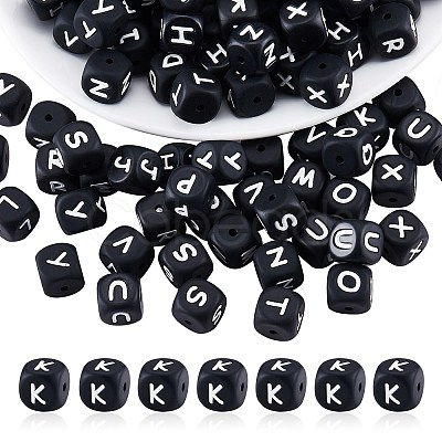 20Pcs Black Cube Letter Silicone Beads 12x12x12mm Square Dice Alphabet Beads with 2mm Hole Spacer Loose Letter Beads for Bracelet Necklace Jewelry Making JX433K-1