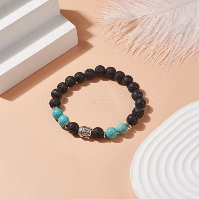 Natural Lava Rock & Synthetic Green Turquoise(Dyed) Stretch Bracelet with Alloy Beaded BJEW-TA00147-04-1