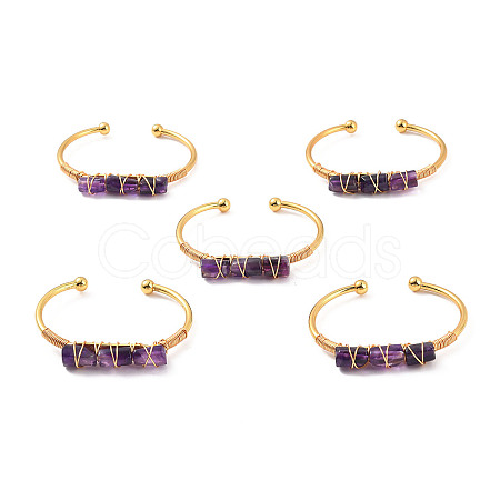 Natural Amethyst Triple Column Beaded Open Cuff Bangle BJEW-E377-01G-03-1