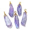 Electroplated Raw Rough Natural Quartz Crystal Big Pendants, Nuggets Charms with Copper Wire Loops, Golden, Lilac, 40~48x13~23x10~20mm, Hole: 4.5~5mm