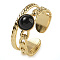 Natural Black Onyx Finger Rings, 304 Stainless Steel Open Cuff Rings, Real 18K Gold Plated, 8.5mm, Adjustable