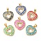 Rack Plating Brass Cubic Zirconia Pendants, with Enamel & Shell, Long-Lasting Plated, Lead Free & Cadmium Free, Real 18K Gold Plated, Heart, Mixed Color, 20x18x3mm, Hole: 5x4mm