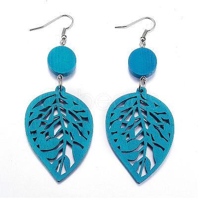 Trendy Leaf Wood Dangle Earrings EJEW-F062-K-1