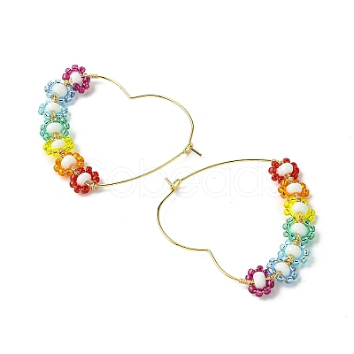 Heart Glass Seed with Brass Hoop Earrings EJEW-MZ00144-1