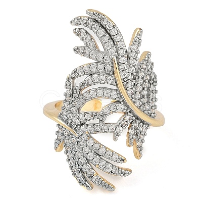 Leaf Brass Micro Pave Clear Cubic Zirconia Open Cuff Ring for Women RJEW-Q819-04G-1