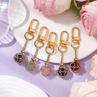 Stainless Steel Macrame Chain Pouch Round Natural Lapis Lazuli & Amethyst & Green Aventurine & Carnelian & Rose Quartz Holder Pendant Decorations HJEW-JM02051-01-1